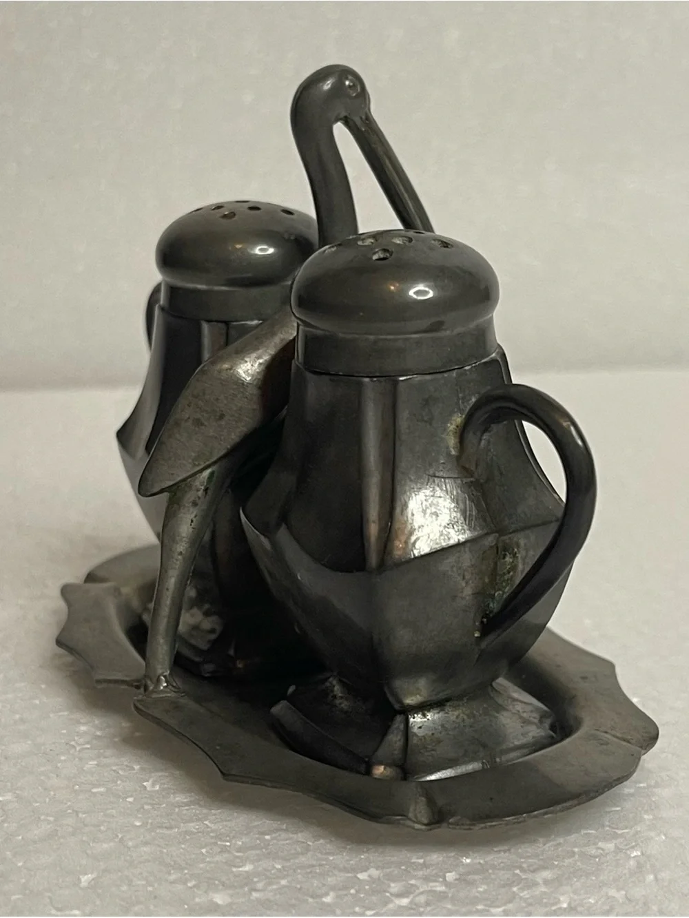 VTG Old Colonial Genuine Pewter Salt And Pepper Shakers Tray Stork Crane Handle